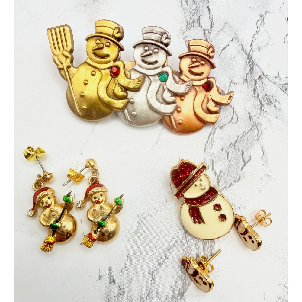 Snowman Christmas Jewelry Lot 2 Brooches 2 Pairs Pierced Earrings Holiday